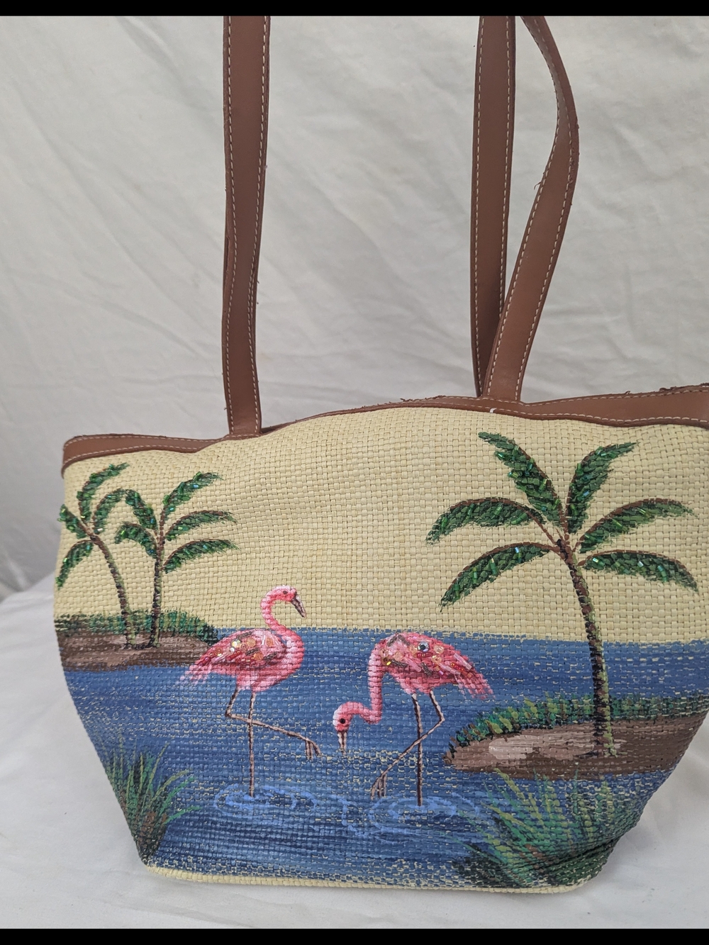 Cappelli NWOT Women’s Straw Tote Bag Pink Flamingos & Palm Trees